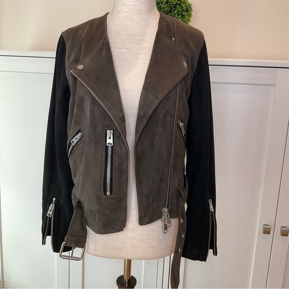 All Saints Jensen Biker Leather Suede Jacket Size 2 Taupe - Picture 10 of 16